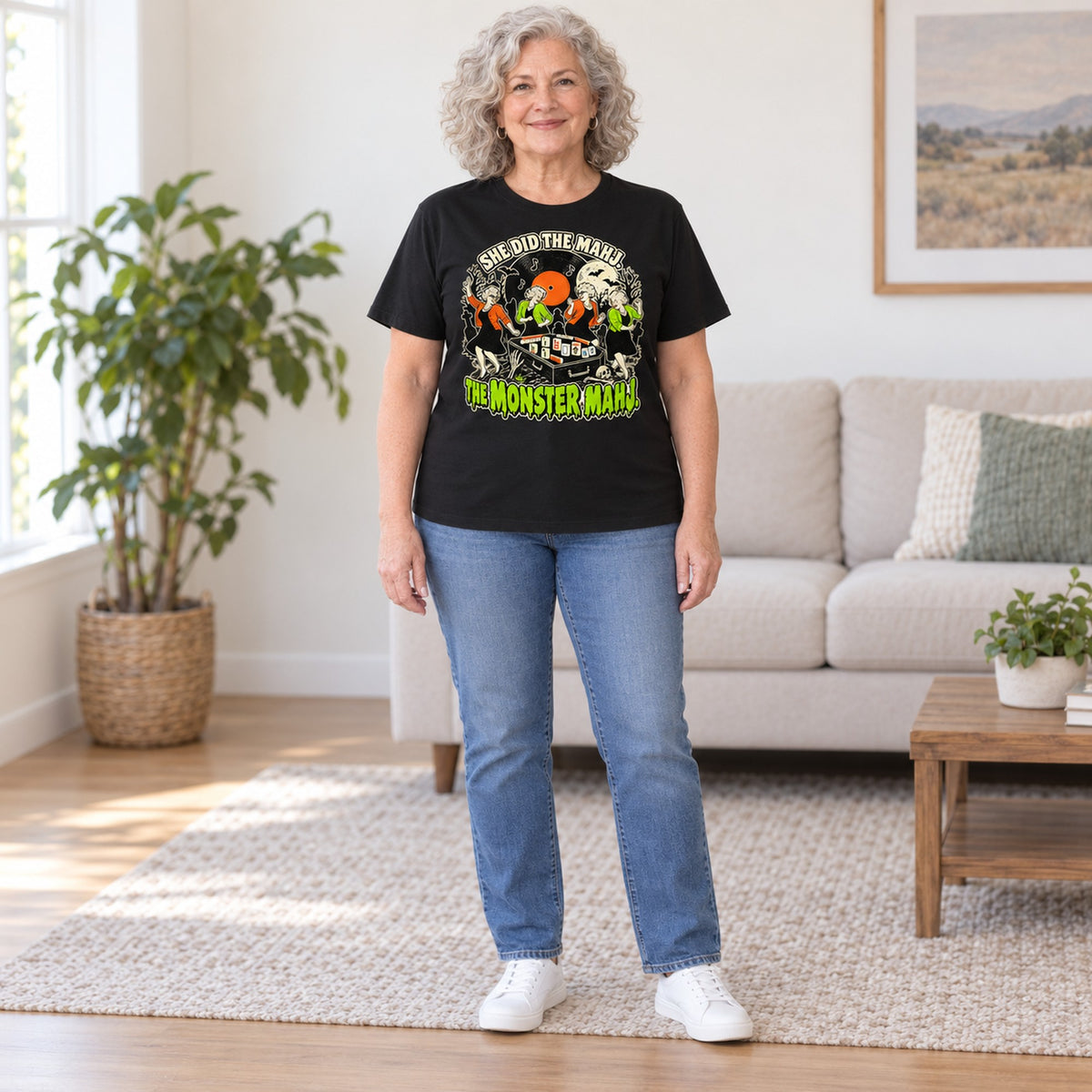 Monster Mahj mahjong T-shirt in Black, full length, worn by Janet. Janet is 5′5″ and wears her usual size L. [bb c=black r=fit]