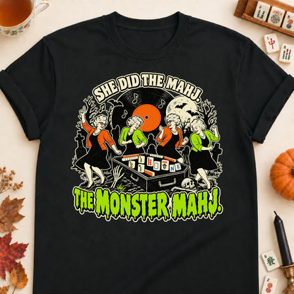 Monster Mahj mahjong T-shirt in Black, laid flat. [bb c=black r=flat]
