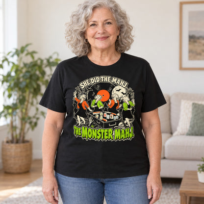 Monster Mahj mahjong T-shirt in Black, worn by Janet. Janet is 5′5″ and wears her usual size L. [bb c=black r=hero]