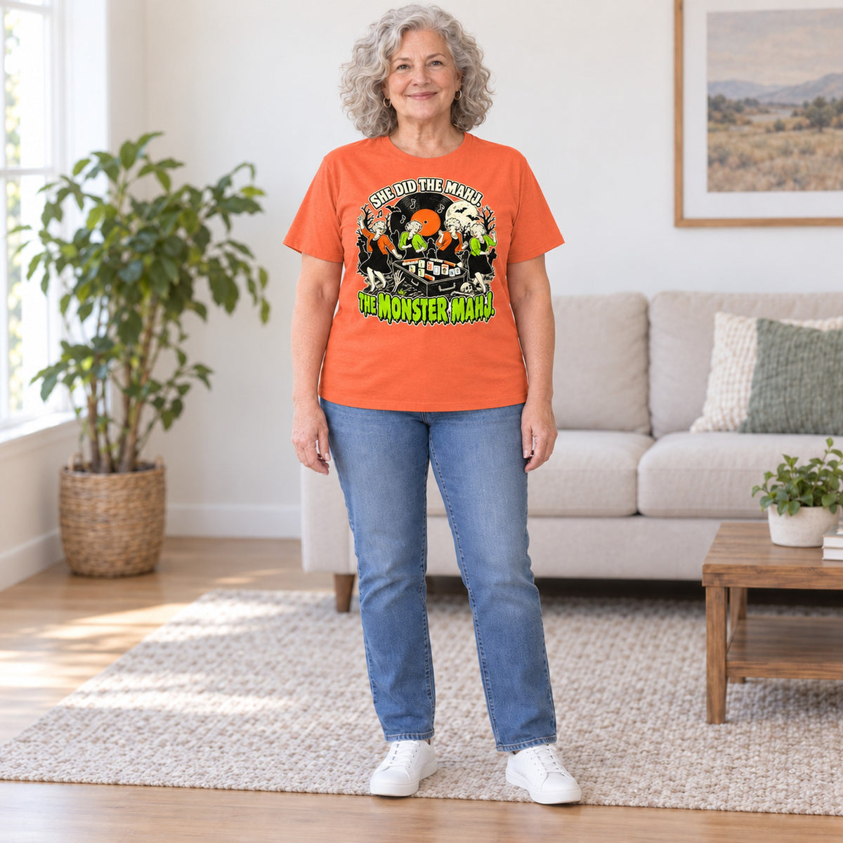 Monster Mahj mahjong T-shirt in Orange, full length, worn by Janet. Janet is 5′5″ and wears her usual size L. [bb c=orange r=fit]