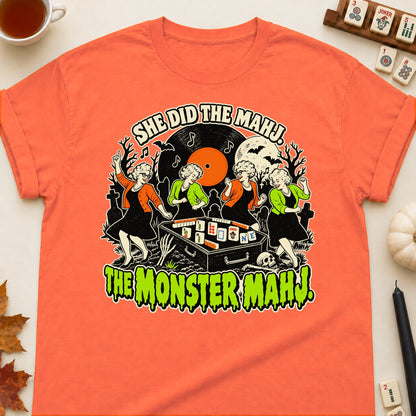 Monster Mahj mahjong T-shirt in Orange, laid flat. [bb c=orange r=flat]