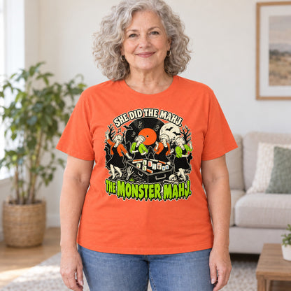 Monster Mahj mahjong T-shirt in Orange, worn by Janet. Janet is 5′5″ and wears her usual size L. [bb c=orange r=hero]