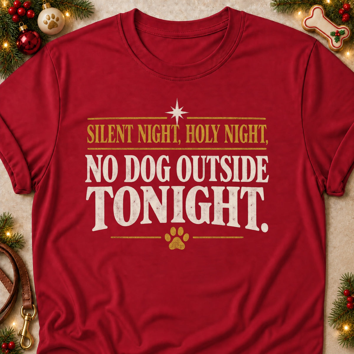 No Dog Outside Tonight dog mom T-shirt in Cardinal Red, laid flat. [bb c=cardinal-red r=flat]