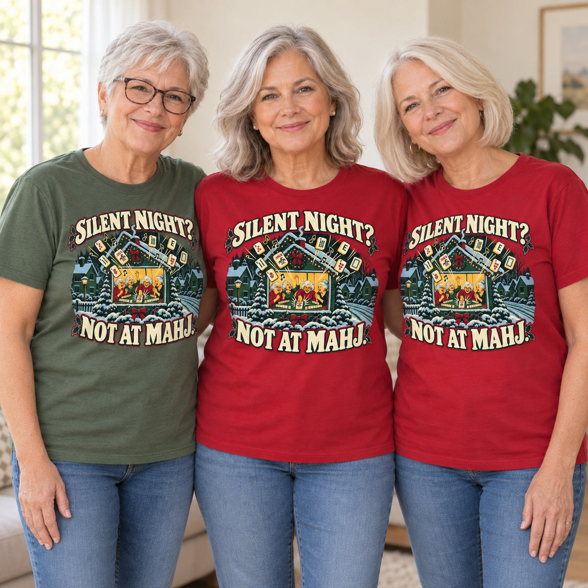 Silent Night? Not At Mahj. mahjong T-shirt worn by three friends. Friends are wearing M, L and XL. [bb c=all r=friends]