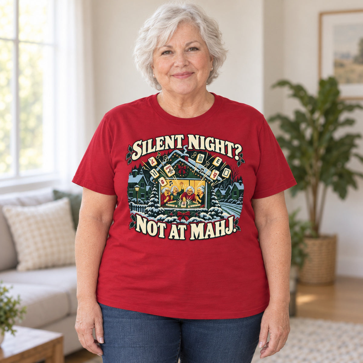 Silent Night? Not At Mahj. mahjong T-shirt in Cardinal Red, worn by Debra. Debra is 5′4″ and wears her usual size 2XL. [bb c=cardinal-red r=body2]