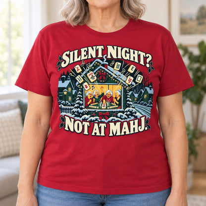 Silent Night? Not At Mahj. mahjong T-shirt in Cardinal Red, close-up of the print, worn by Nancy. Nancy is 5′5″ and wears her usual size L. [bb c=cardinal-red r=close]