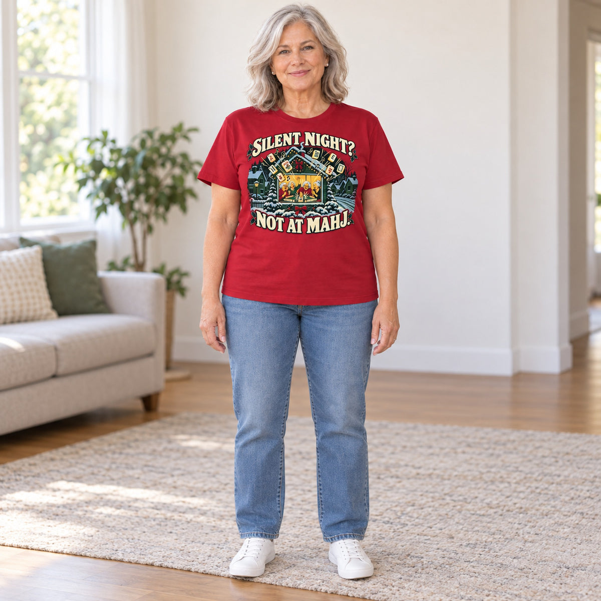 Silent Night? Not At Mahj. mahjong T-shirt in Cardinal Red, full length, worn by Nancy. Nancy is 5′5″ and wears her usual size L. [bb c=cardinal-red r=fit]