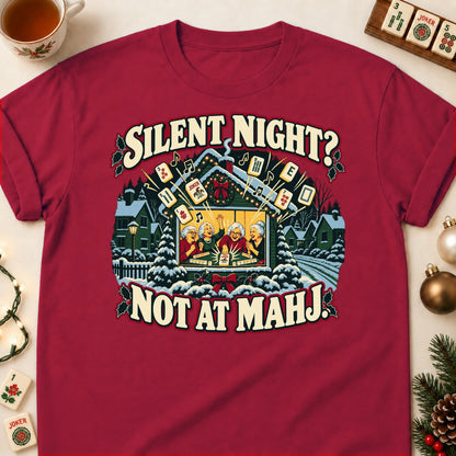 Silent Night? Not At Mahj. mahjong T-shirt in Cardinal Red, laid flat. [bb c=cardinal-red r=flat]
