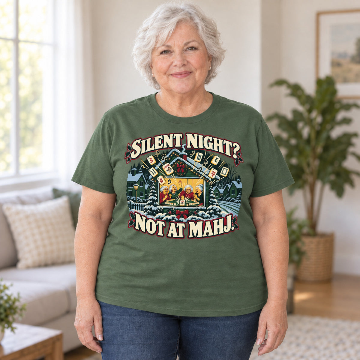 Silent Night? Not At Mahj. mahjong T-shirt in Military Green, worn by Debra. Debra is 5′4″ and wears her usual size 2XL. [bb c=military-green r=body2]