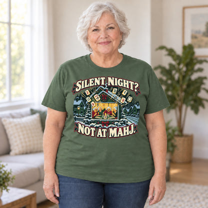 Silent Night? Not At Mahj. mahjong T-shirt in Military Green, worn by Debra. Debra is 5′4″ and wears her usual size 2XL. [bb c=military-green r=body2]