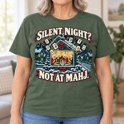 Silent Night? Not At Mahj. mahjong T-shirt in Military Green, close-up of the print, worn by Nancy. Nancy is 5′5″ and wears her usual size L. [bb c=military-green r=close]