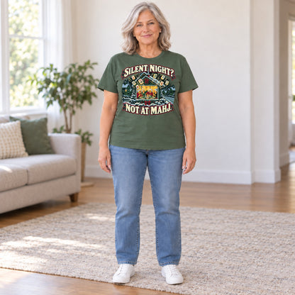 Silent Night? Not At Mahj. mahjong T-shirt in Military Green, full length, worn by Nancy. Nancy is 5′5″ and wears her usual size L. [bb c=military-green r=fit]