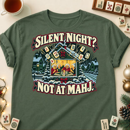 Silent Night? Not At Mahj. mahjong T-shirt in Military Green, laid flat. [bb c=military-green r=flat]