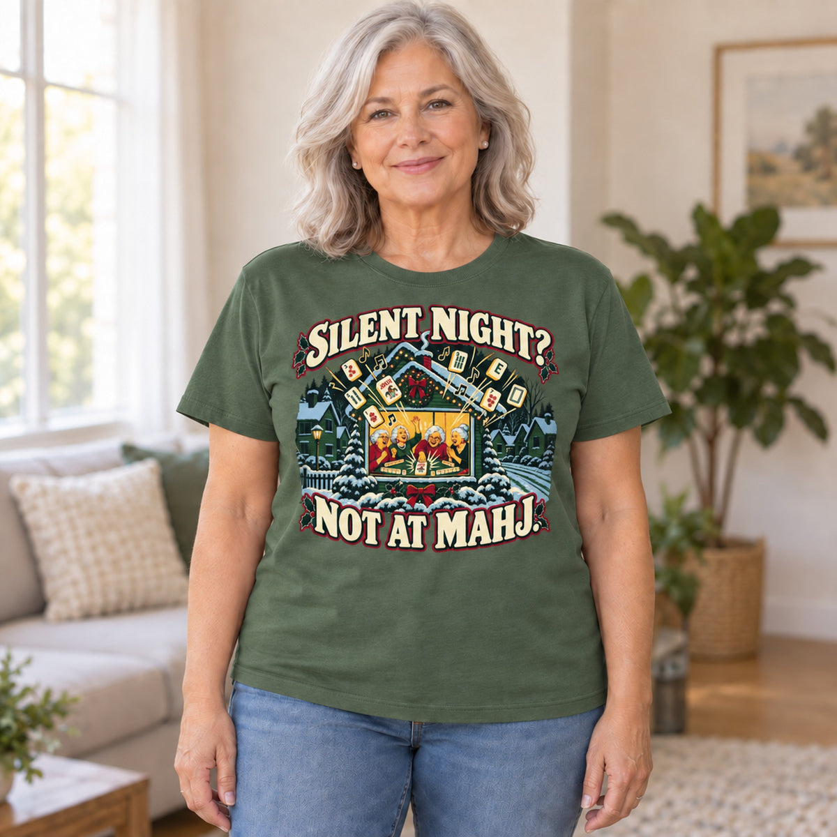 Silent Night? Not At Mahj. mahjong T-shirt in Military Green, worn by Nancy. Nancy is 5′5″ and wears her usual size L. [bb c=military-green r=hero]