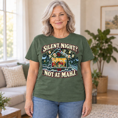 Silent Night? Not At Mahj. mahjong T-shirt in Military Green, worn by Nancy. Nancy is 5′5″ and wears her usual size L. [bb c=military-green r=hero]