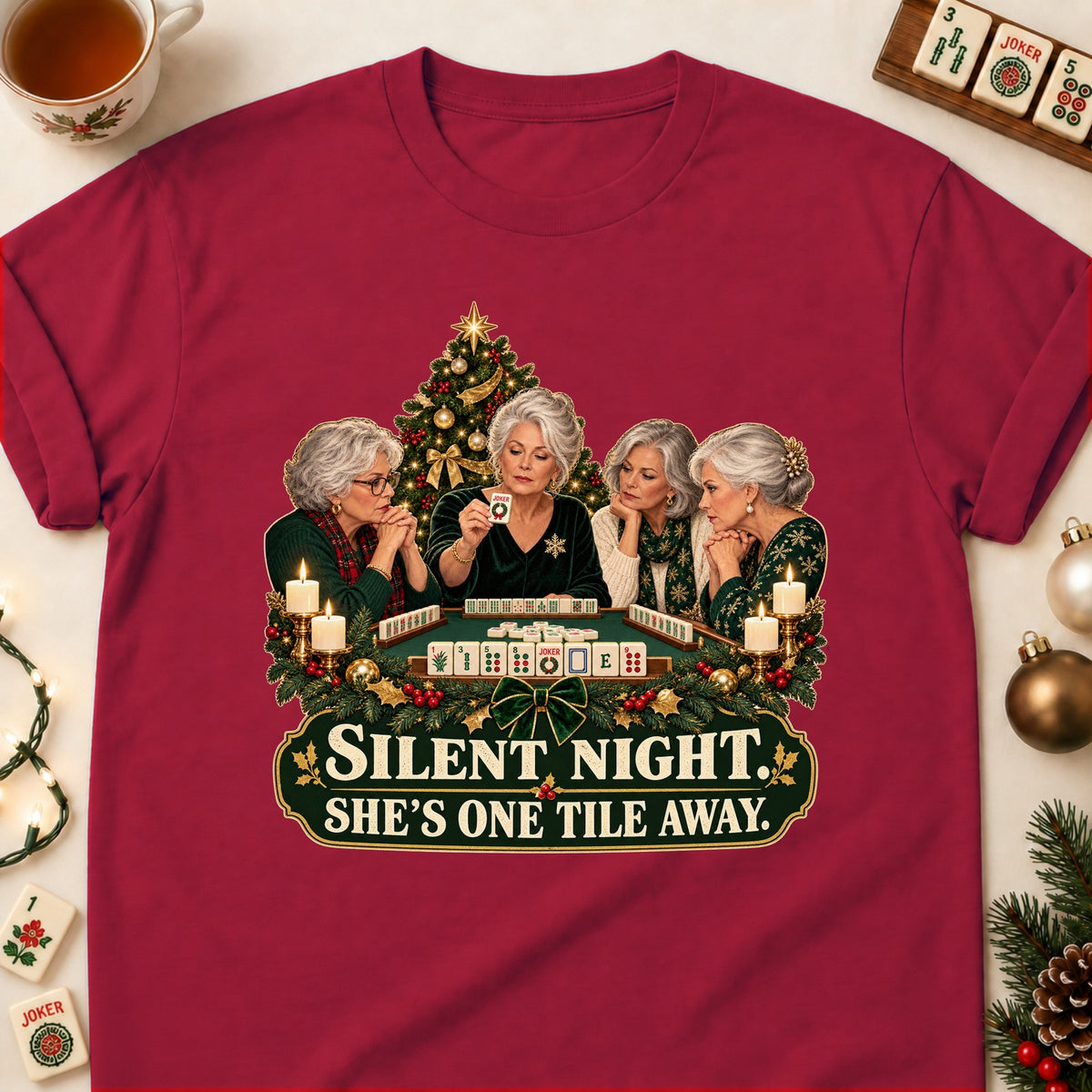 Silent Night mahjong T-shirt in Cardinal Red, laid flat. [bb c=cardinal-red r=flat]