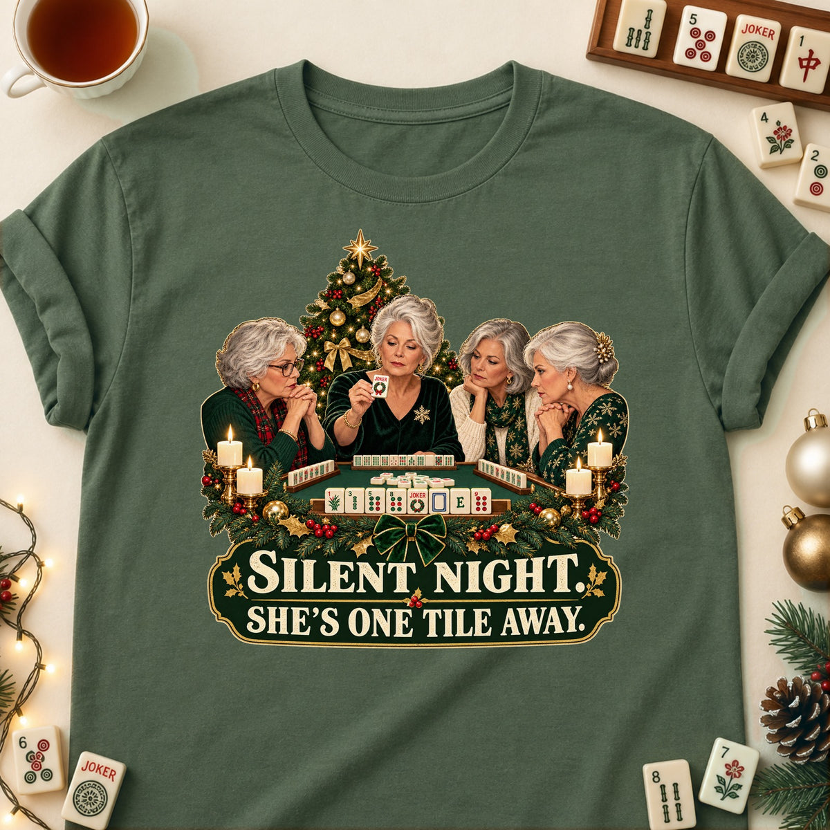 Silent Night mahjong T-shirt in Military Green, laid flat. [bb c=military-green r=flat]