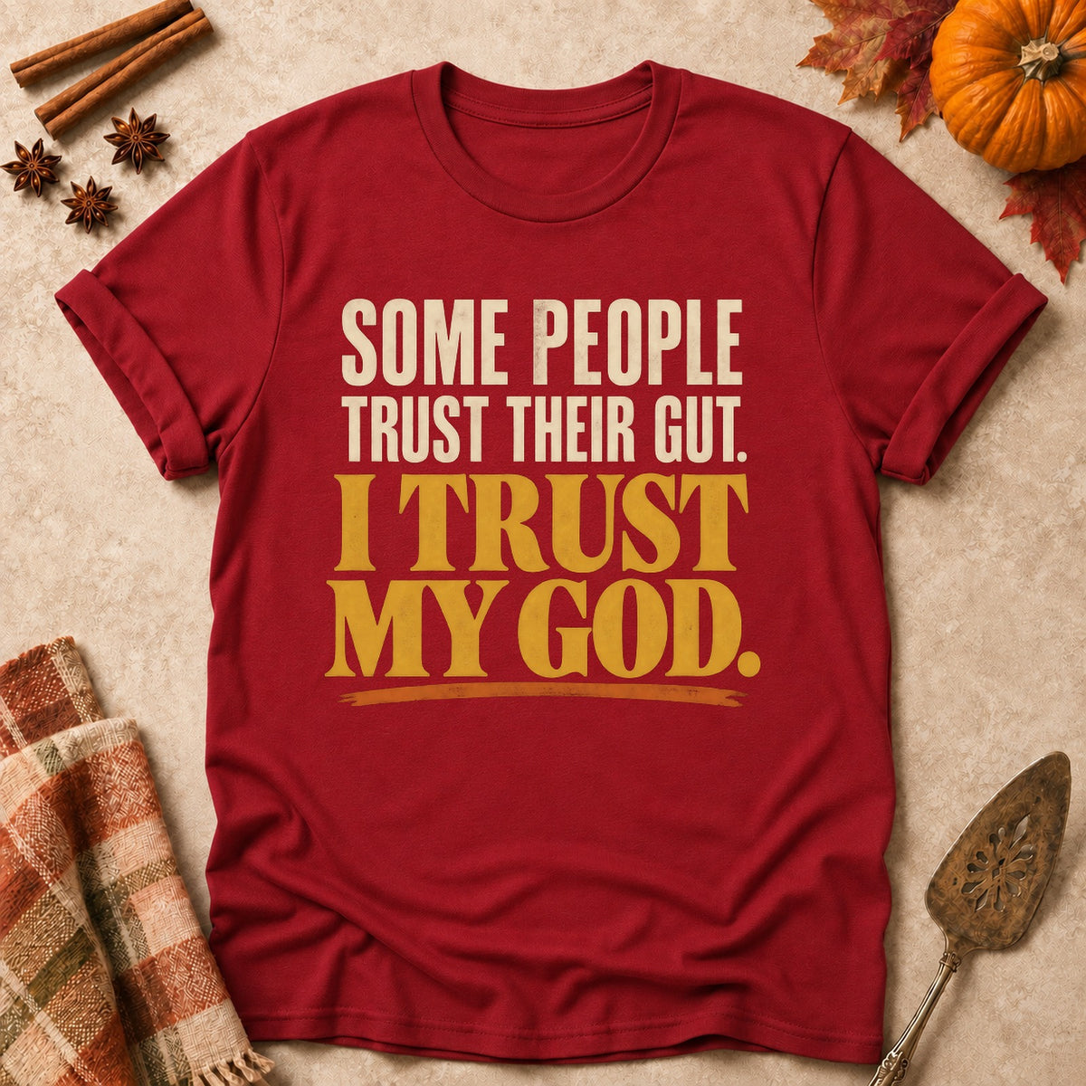 I Trust My God faith T-shirt in Cardinal Red, laid flat. [bb c=cardinal-red r=flat]