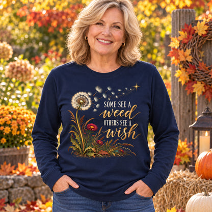 Some See A Weed Others See A Wish Fall Colored Print Long Sleeves in Navy — modeled lifestyle