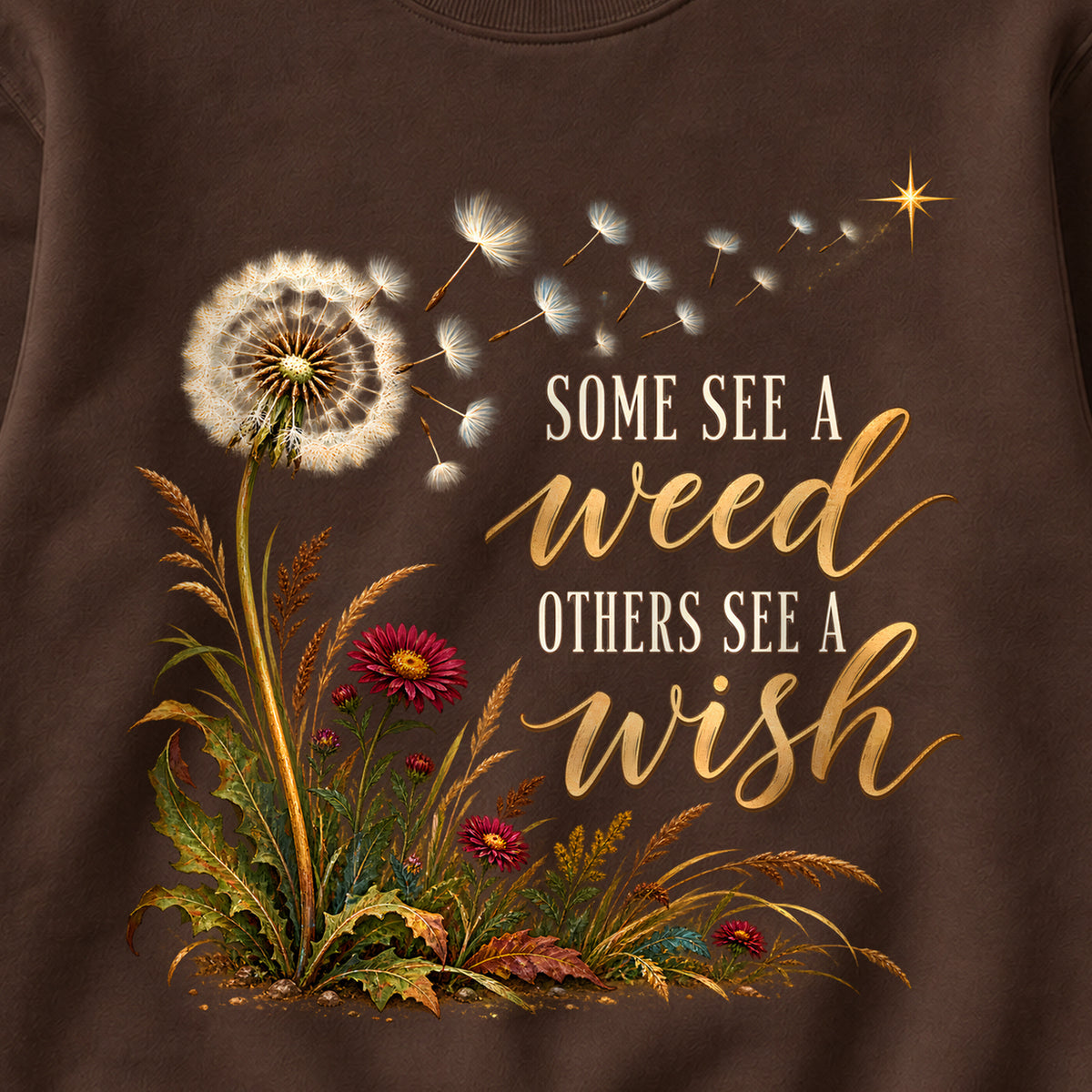Some See A Weed Others See A Wish Fall Colored Print Sweatshirt in Dark Chocolate — design detail