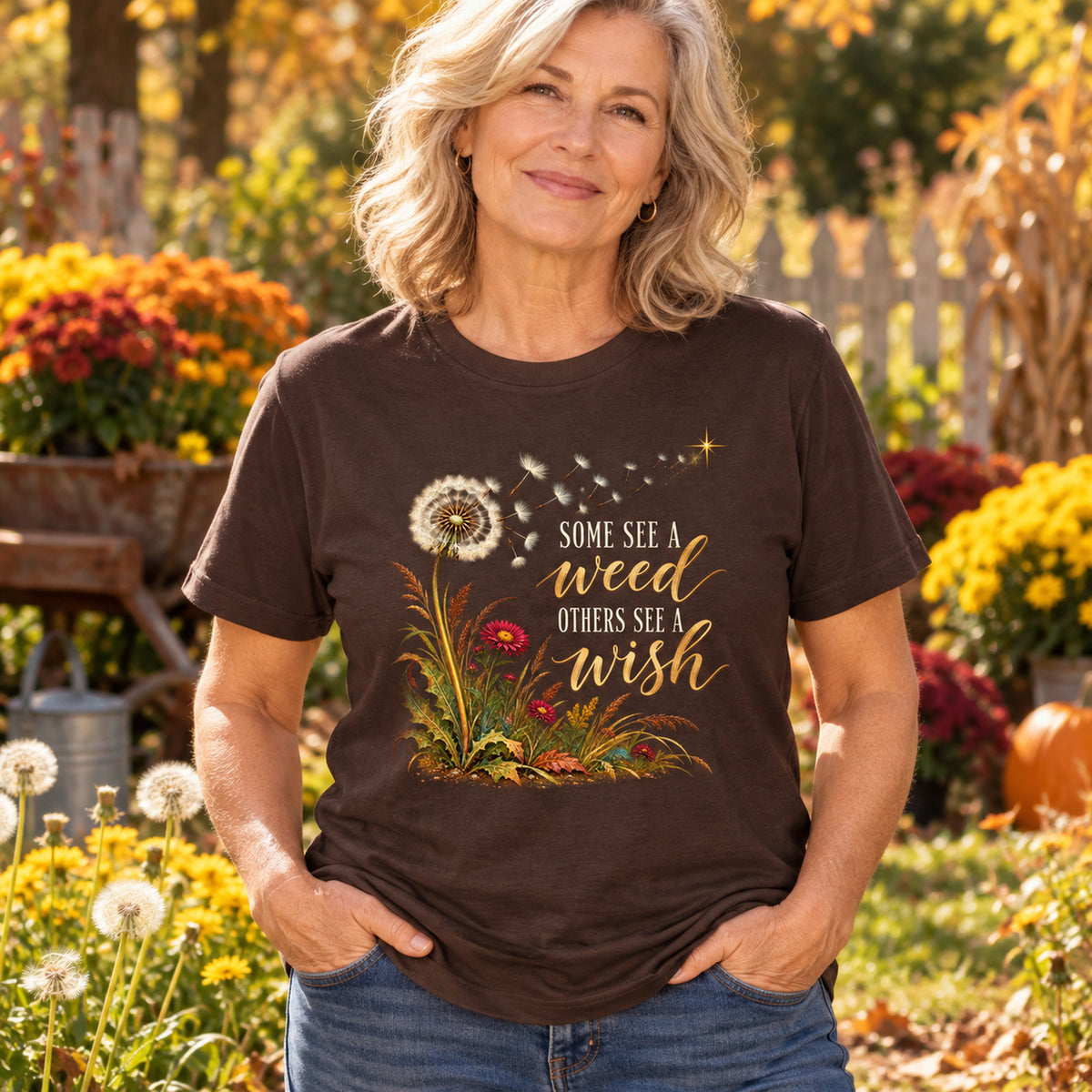 Some See A Weed Others See A Wish Fall Colored Print T-Shirt in Dark Chocolate — modeled lifestyle