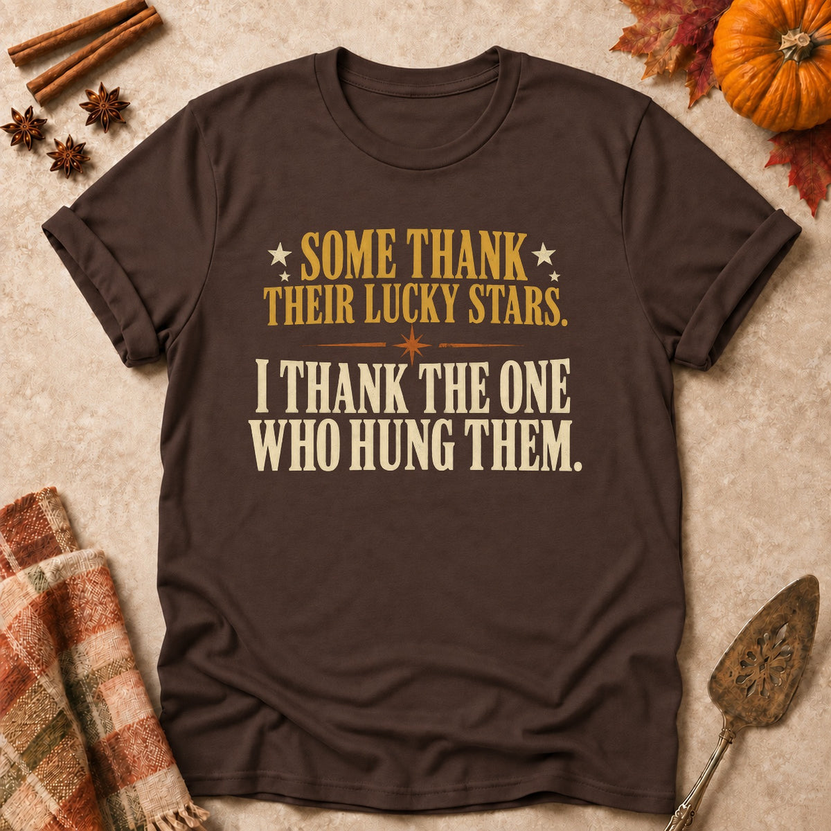 The One Who Hung Them faith T-shirt in Dark Chocolate, laid flat. [bb c=dark-chocolate r=flat]