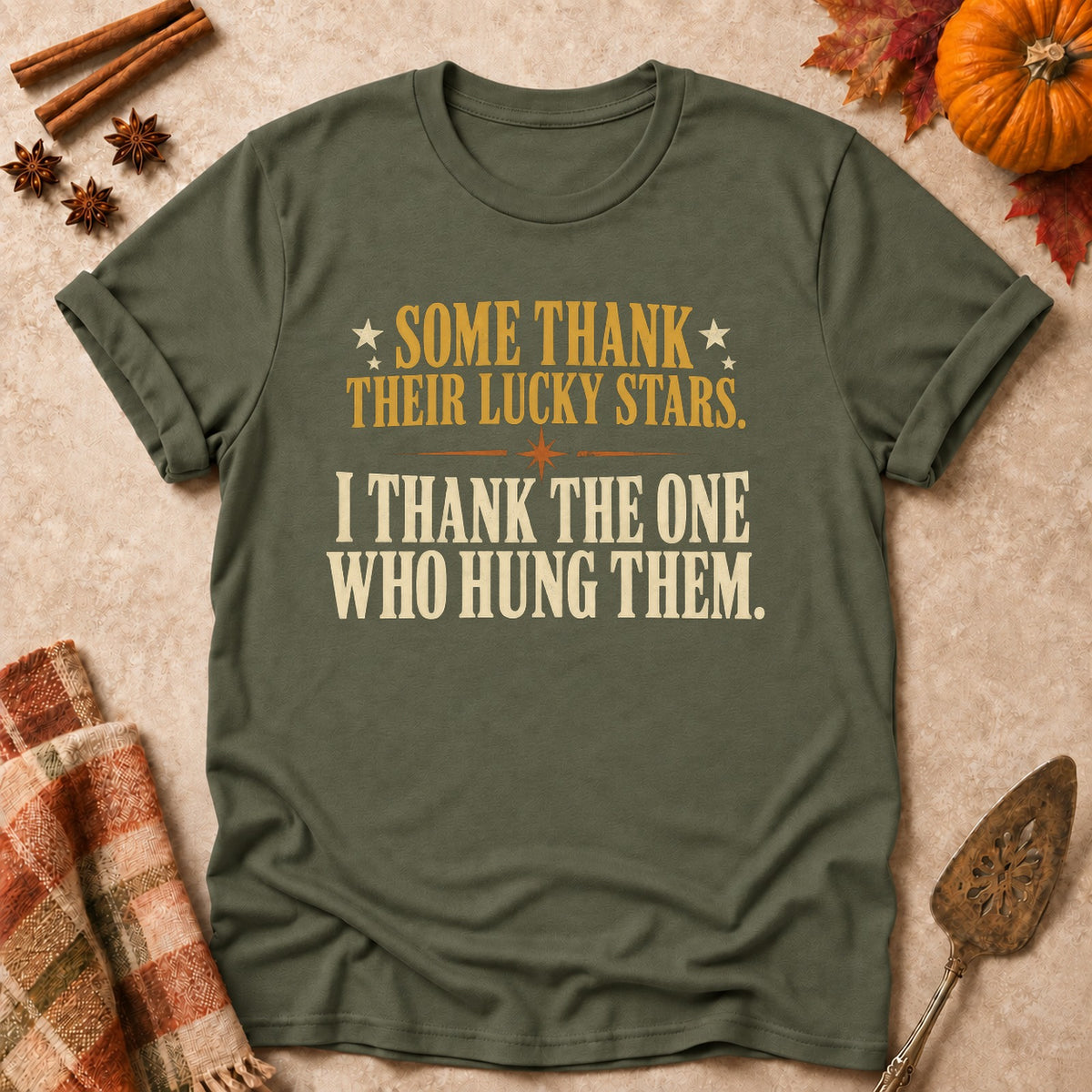 The One Who Hung Them faith T-shirt in Military Green, laid flat. [bb c=military-green r=flat]