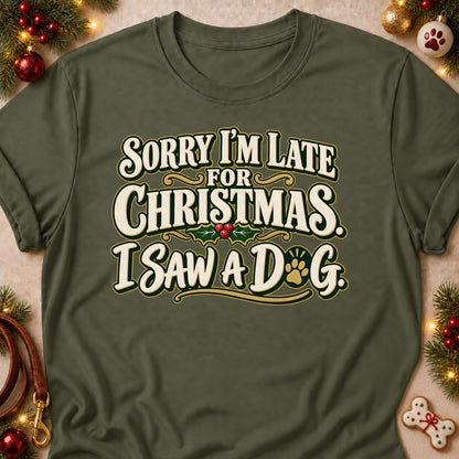 I Saw A Dog dog mom T-shirt in Military Green, laid flat. [bb c=military-green r=flat]