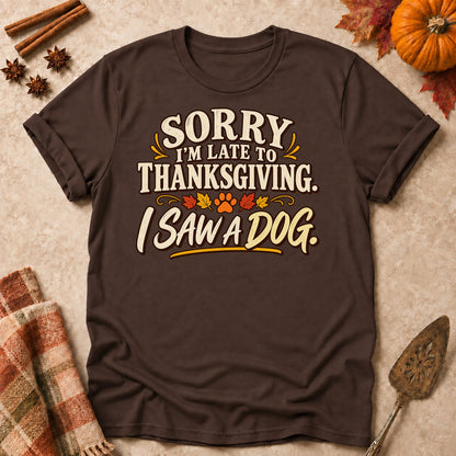 I Saw A Dog dog mom T-shirt in Dark Chocolate, laid flat. [bb c=dark-chocolate r=flat]