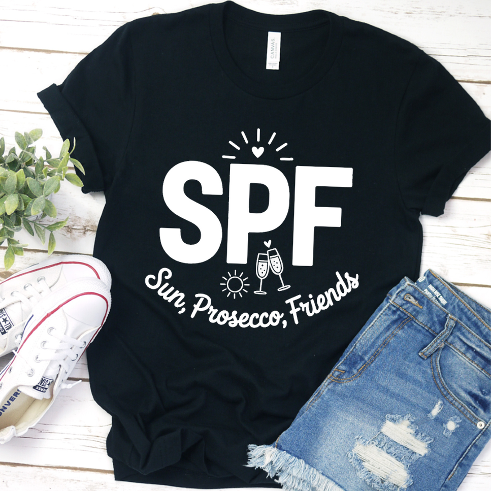 SPF Sun, Prosecco, Friends T-Shirt - Black - Brooke & Belle