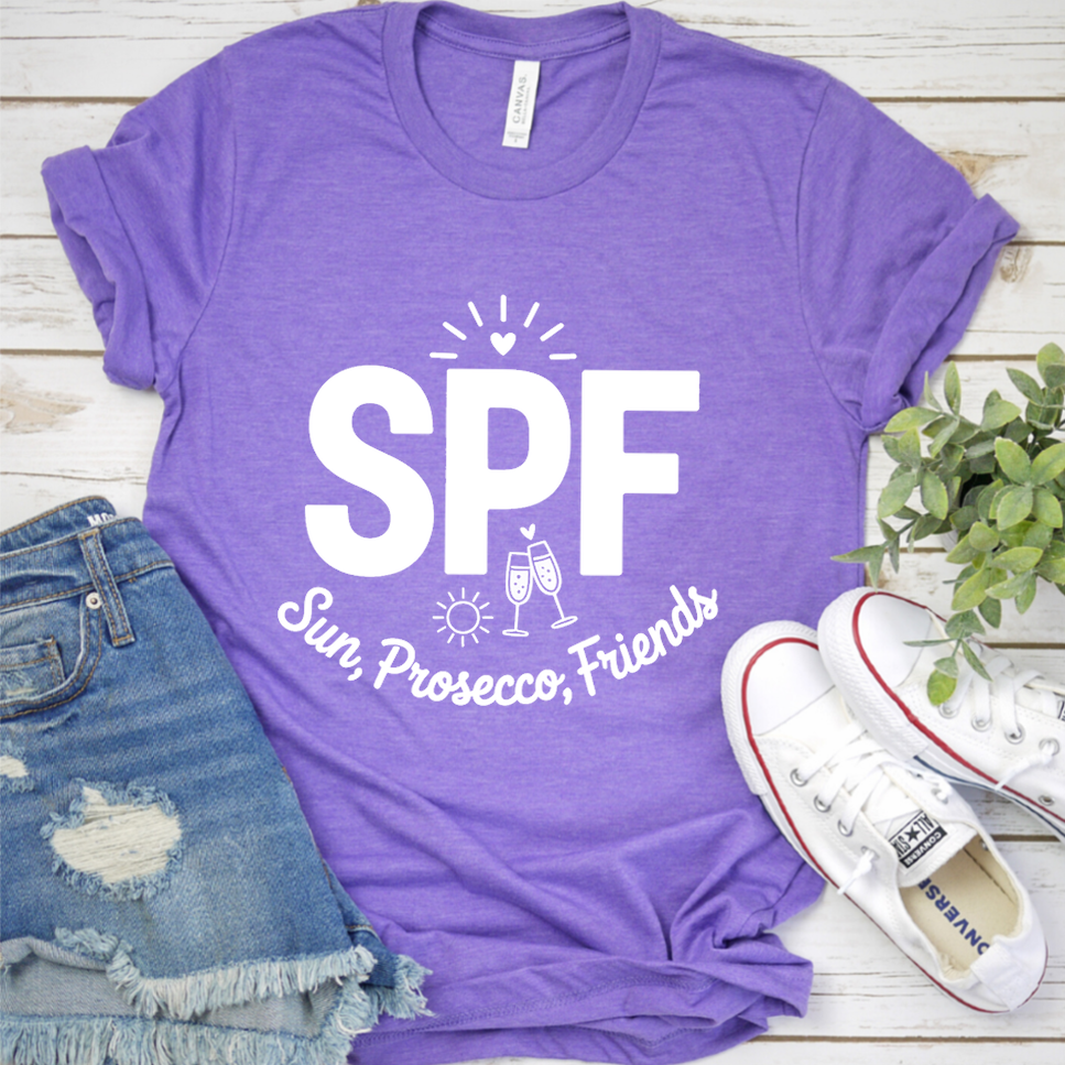 SPF Sun, Prosecco, Friends T-Shirt - Heather Purple - Brooke & Belle