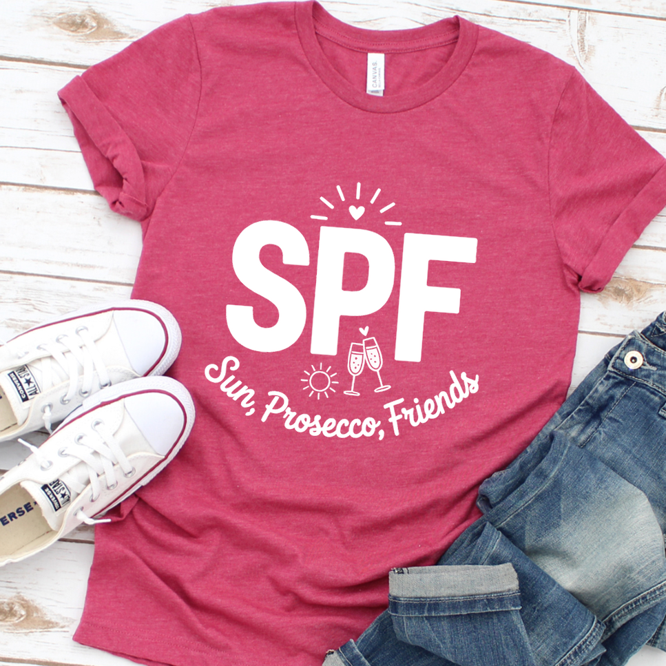 SPF Sun, Prosecco, Friends T-Shirt - Heather Raspberry - Brooke & Belle