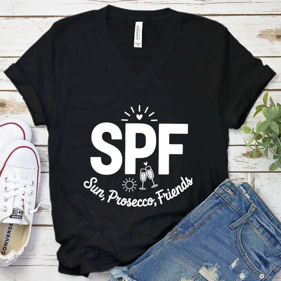 SPF Sun, Prosecco, Friends V-Neck - Black - Brooke & Belle