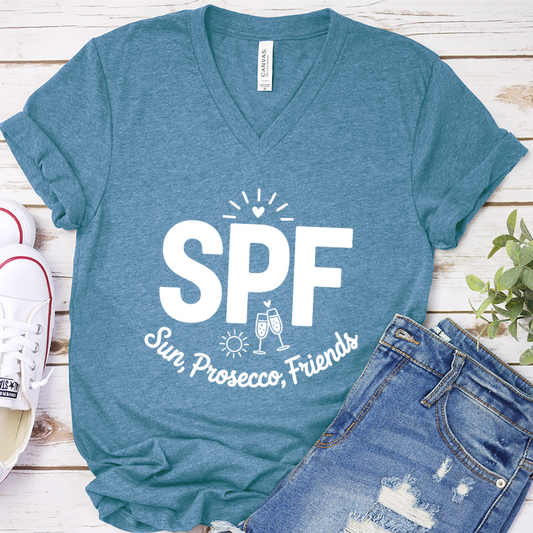 SPF Sun, Prosecco, Friends V-Neck - Heather Deep Teal - Brooke & Belle
