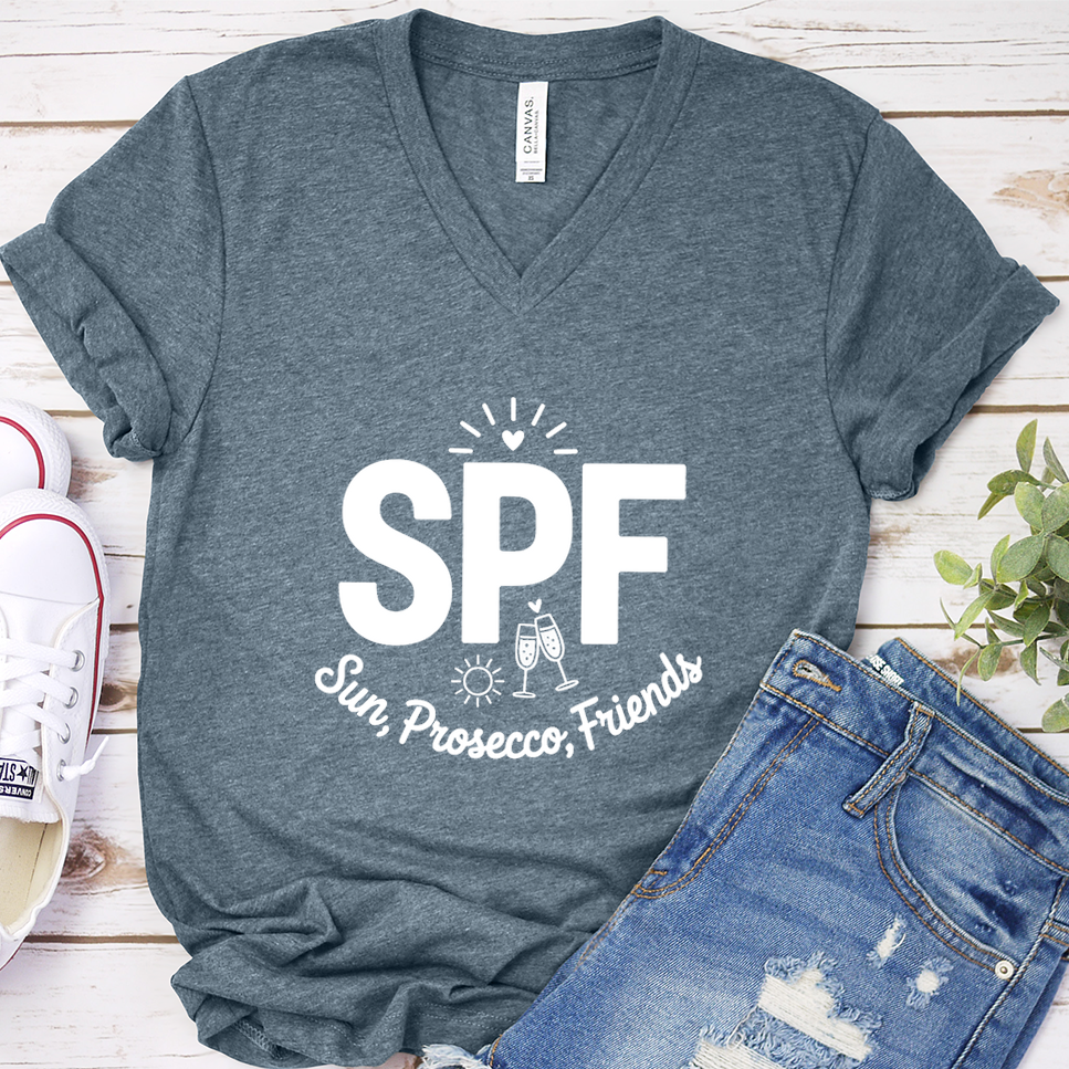 SPF Sun, Prosecco, Friends V-Neck - Heather Slate - Brooke & Belle