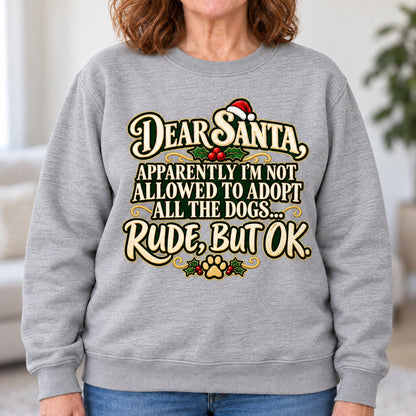 Dear Santa dog mom sweatshirt in Sport Grey, close-up of the print, worn by Gloria. Gloria is 5′5″ and wears her usual size L. [bb c=sport-grey r=close]