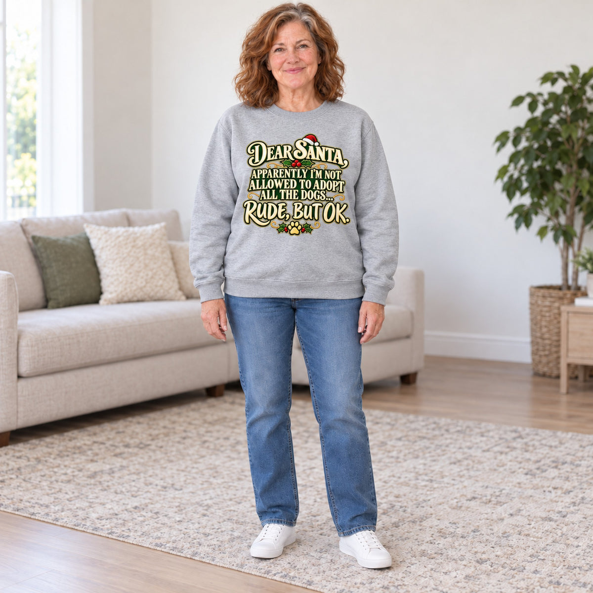 Dear Santa dog mom sweatshirt in Sport Grey, full length, worn by Gloria. Gloria is 5′5″ and wears her usual size L. [bb c=sport-grey r=fit]