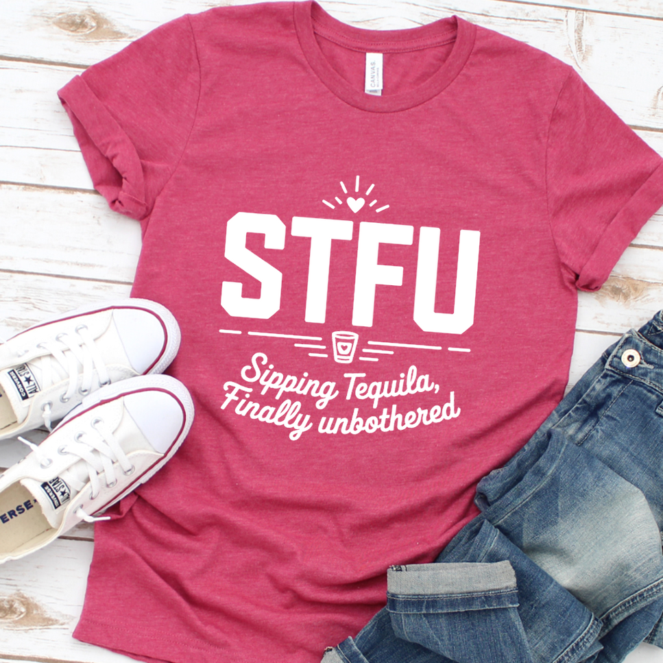STFU Sipping Tequila, Finally Unbothered T-Shirt - Heather Raspberry - Brooke & Belle