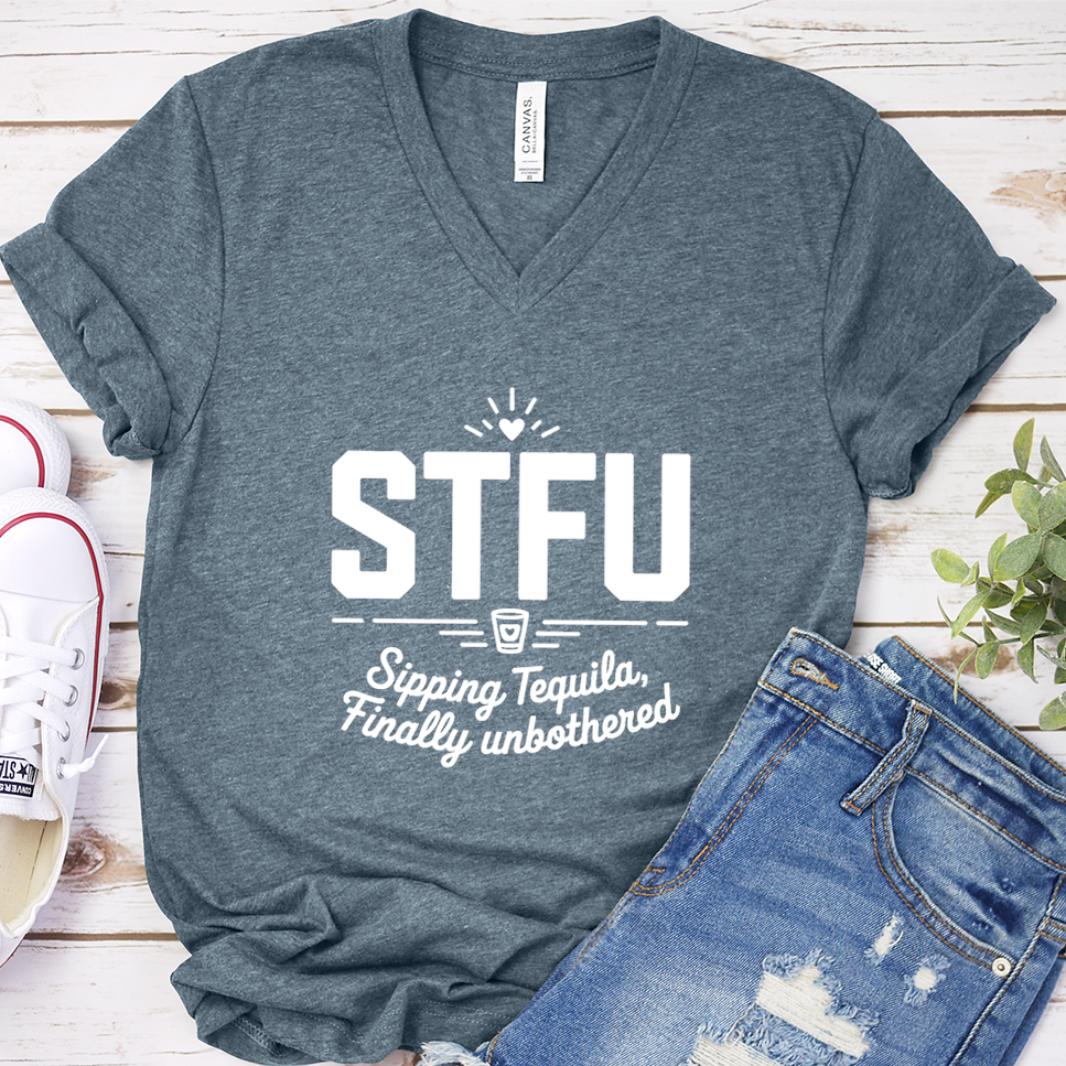 STFU Sipping Tequila, Finally Unbothered V-Neck - Heather Slate - Brooke & Belle