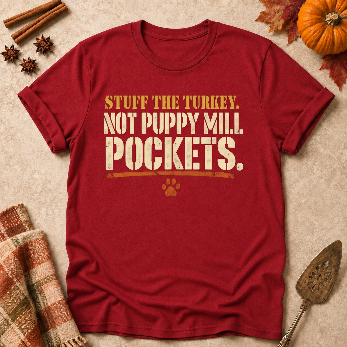 Not Puppy Mill Pockets dog mom T-shirt in Cardinal Red, laid flat. [bb c=cardinal-red r=flat]