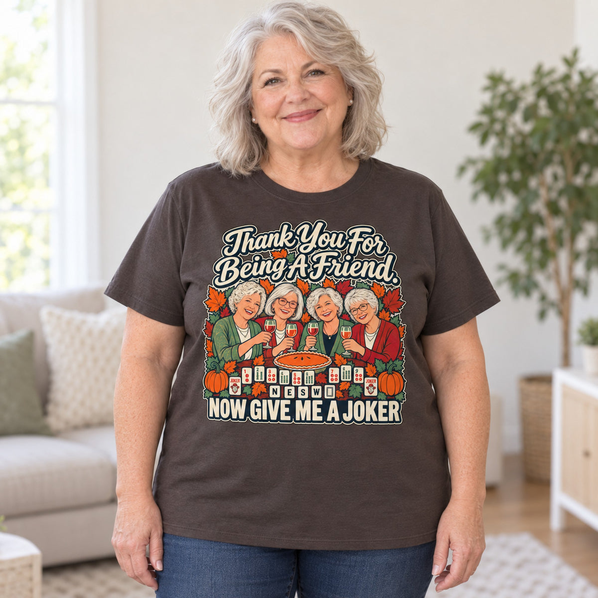 Thank You For Being A Friend mahjong T-shirt in Dark Chocolate, worn by Debra. Debra is 5′4″ and wears her usual size 2XL. [bb c=dark-chocolate r=body2]
