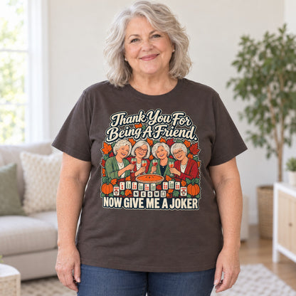 Thank You For Being A Friend mahjong T-shirt in Dark Chocolate, worn by Debra. Debra is 5′4″ and wears her usual size 2XL. [bb c=dark-chocolate r=body2]