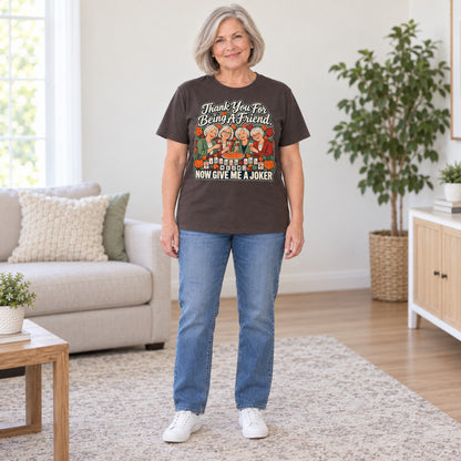 Thank You For Being A Friend mahjong T-shirt in Dark Chocolate, full length, worn by Lorraine. Lorraine is 5′5″ and wears her usual size L. [bb c=dark-chocolate r=fit]