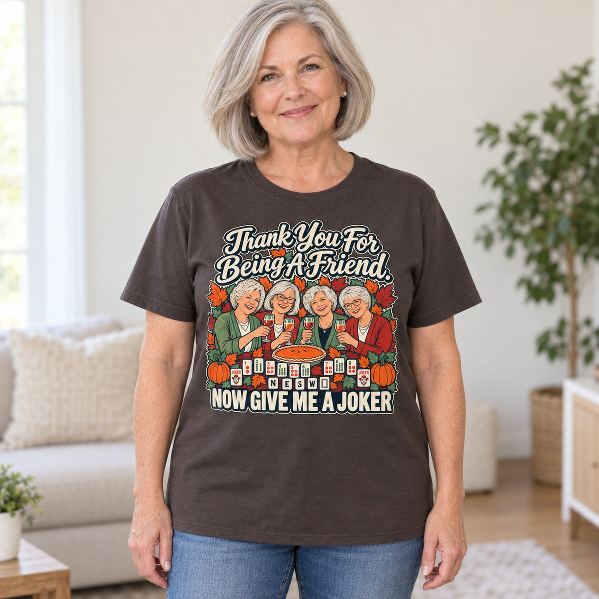 Thank You For Being A Friend mahjong T-shirt in Dark Chocolate, worn by Lorraine. Lorraine is 5′5″ and wears her usual size L. [bb c=dark-chocolate r=hero]