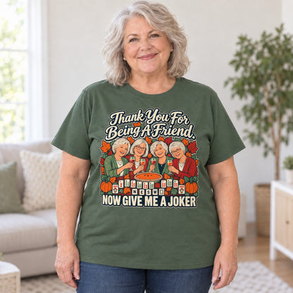 Thank You For Being A Friend mahjong T-shirt in Military Green, worn by Debra. Debra is 5′4″ and wears her usual size 2XL. [bb c=military-green r=body2]