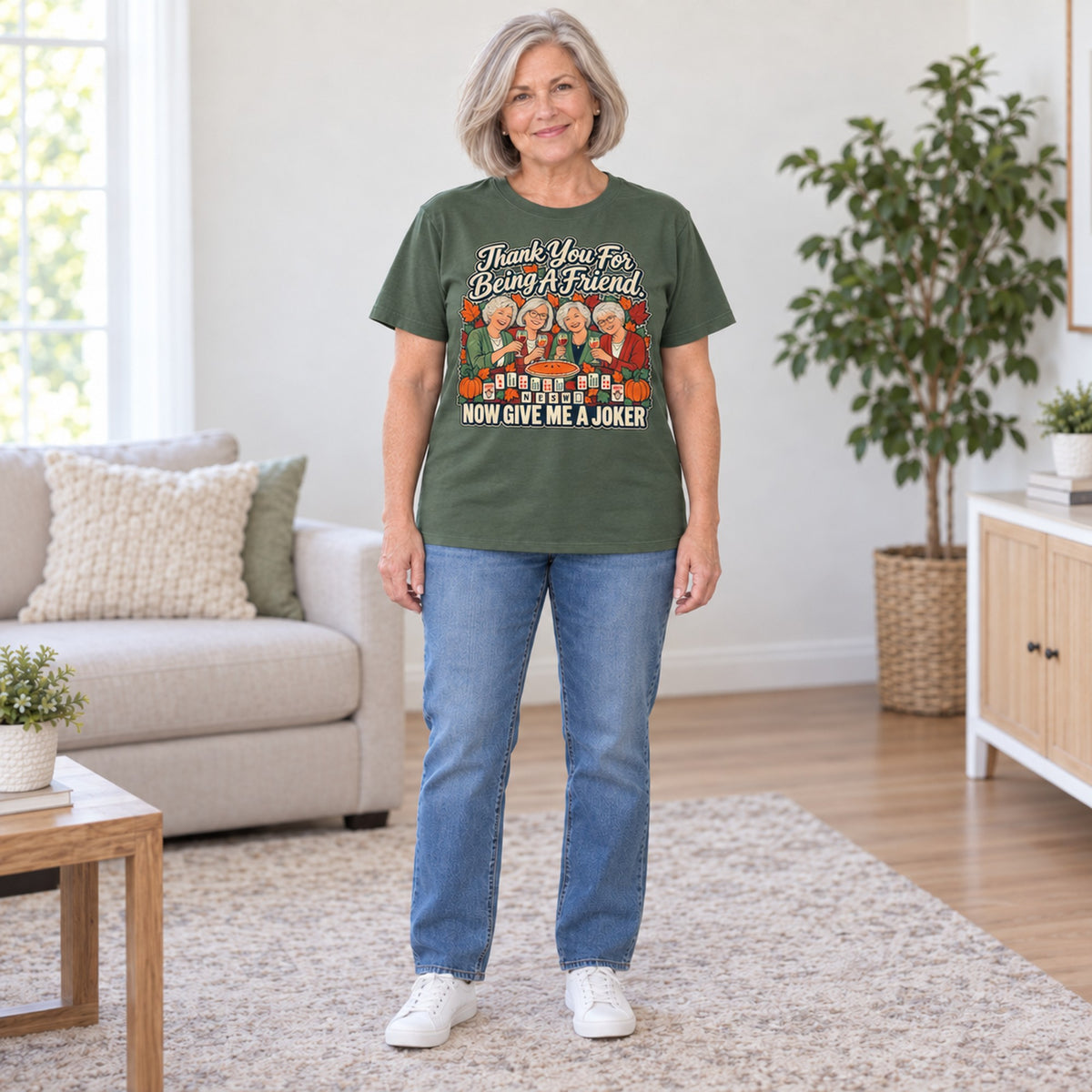 Thank You For Being A Friend mahjong T-shirt in Military Green, full length, worn by Lorraine. Lorraine is 5′5″ and wears her usual size L. [bb c=military-green r=fit]