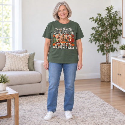 Thank You For Being A Friend mahjong T-shirt in Military Green, full length, worn by Lorraine. Lorraine is 5′5″ and wears her usual size L. [bb c=military-green r=fit]