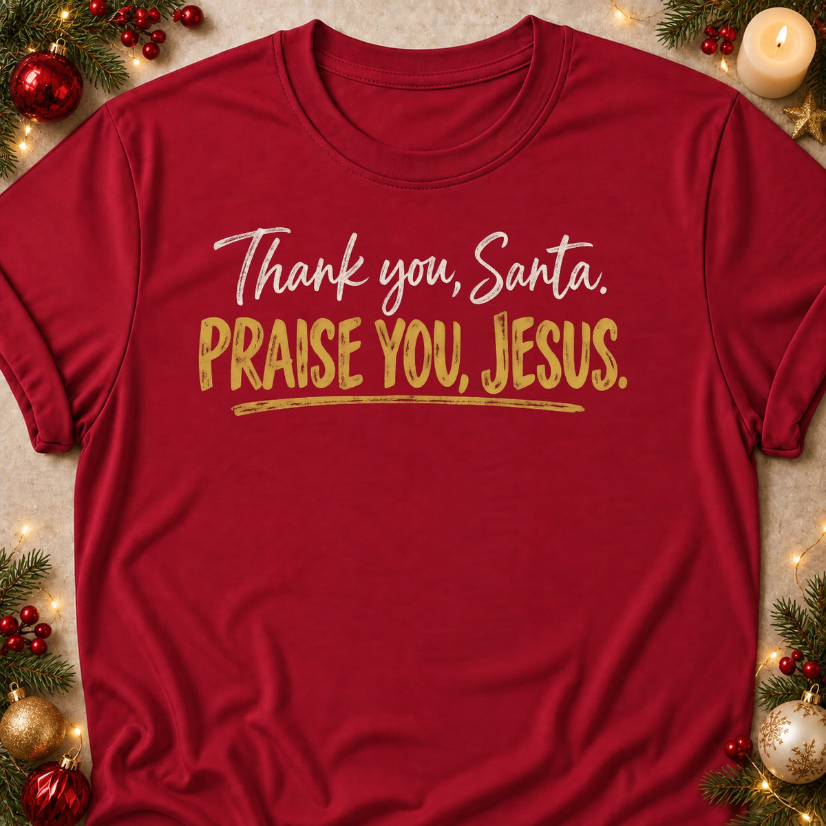 Praise You, Jesus faith T-shirt in Cardinal Red, laid flat. [bb c=cardinal-red r=flat]