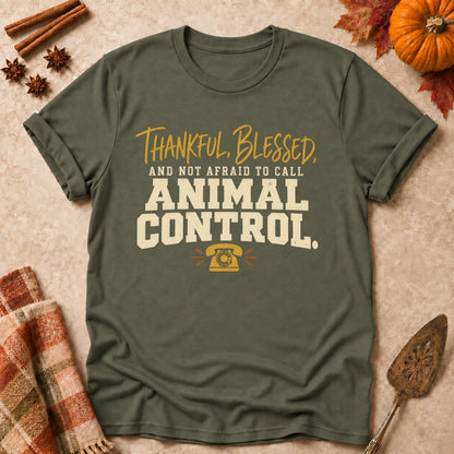 Not Afraid To Call dog mom T-shirt in Military Green, laid flat. [bb c=military-green r=flat]