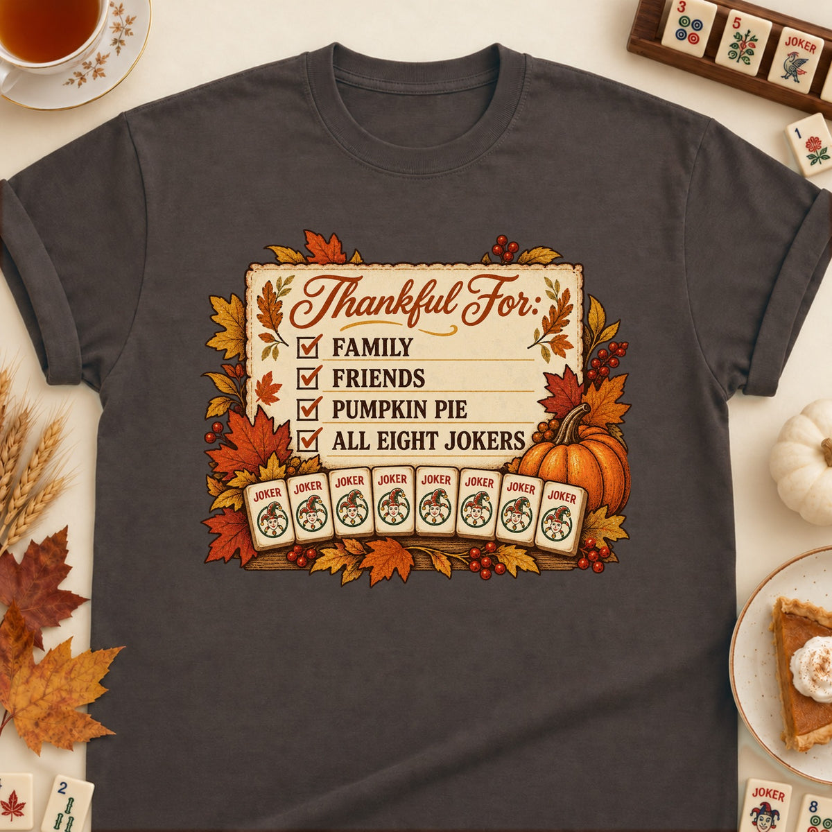 Thankful For mahjong T-shirt in Dark Chocolate, laid flat. [bb c=dark-chocolate r=flat]